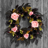 Halloween  24inch Artificial Cute and Creep Wreath, 40 Pink LED Lights, Battery Operated - National Tree Company