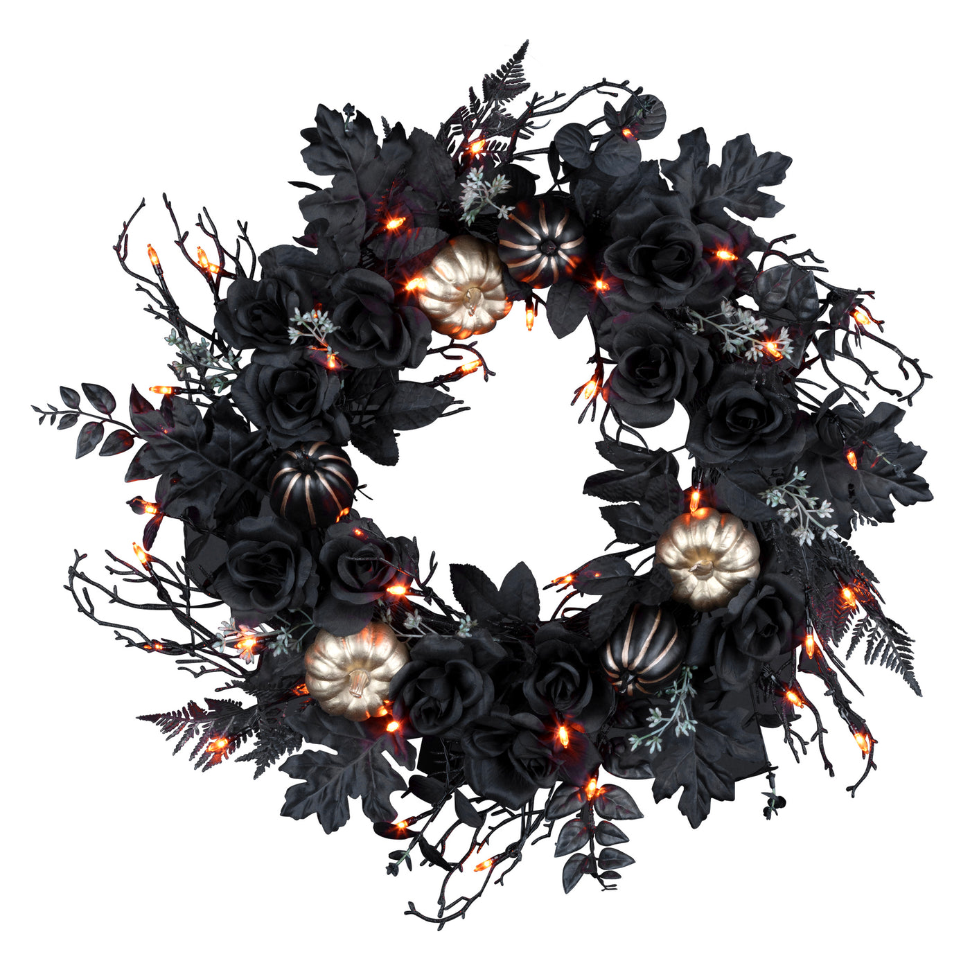 Halloween  24inch Artificial Chic Eek Black and Gold Wreath, 40 Orange LED Lights, Battery Operated - National Tree Company