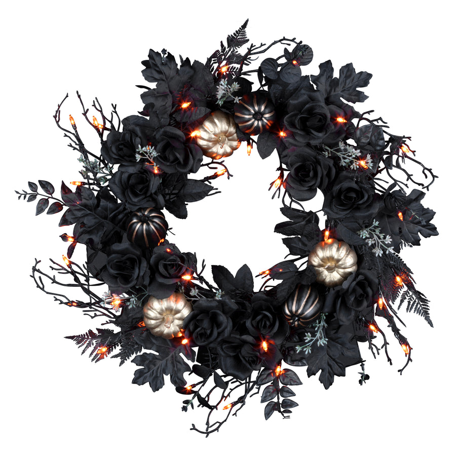 24 in. Halloween Chic Eek Black and Gold Wreath with LED Lights - National Tree Company