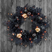 Halloween  24inch Artificial Chic Eek Black and Gold Wreath, 40 Orange LED Lights, Battery Operated - National Tree Company