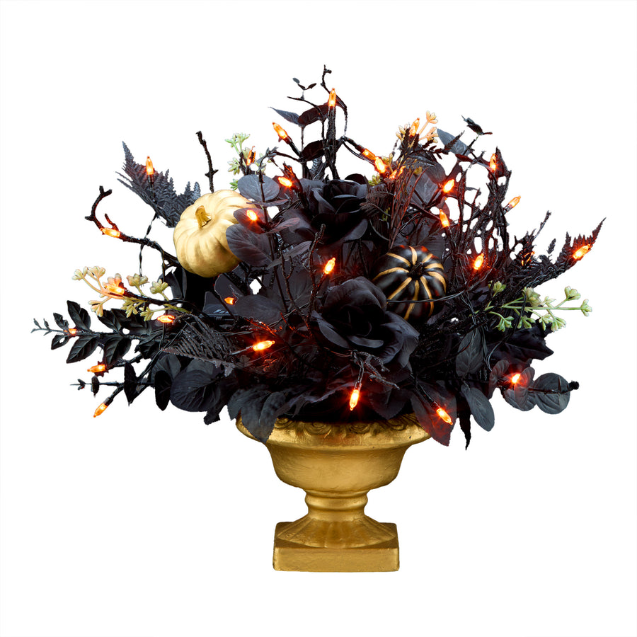 Halloween 16inch Artificial Chic Eek Black and Gold Halloween Centerpiece, 35 Orange LED Lights, Battery Operated - National Tree Company