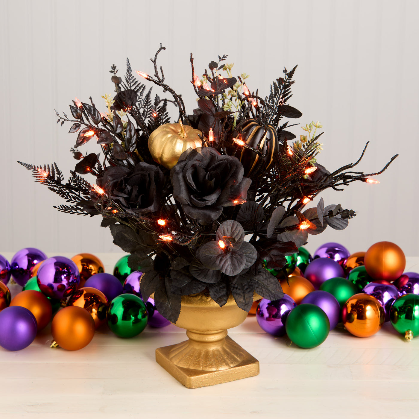 Halloween 16inch Artificial Chic Eek Black and Gold Halloween Centerpiece, 35 Orange LED Lights, Battery Operated - National Tree Company