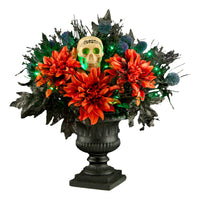 Halloween 20inch Artificial Boo-tiful Halloween Urn with Orange Florals and White Skull, 30 Green LED Lights, Battery Operated - National Tree Company