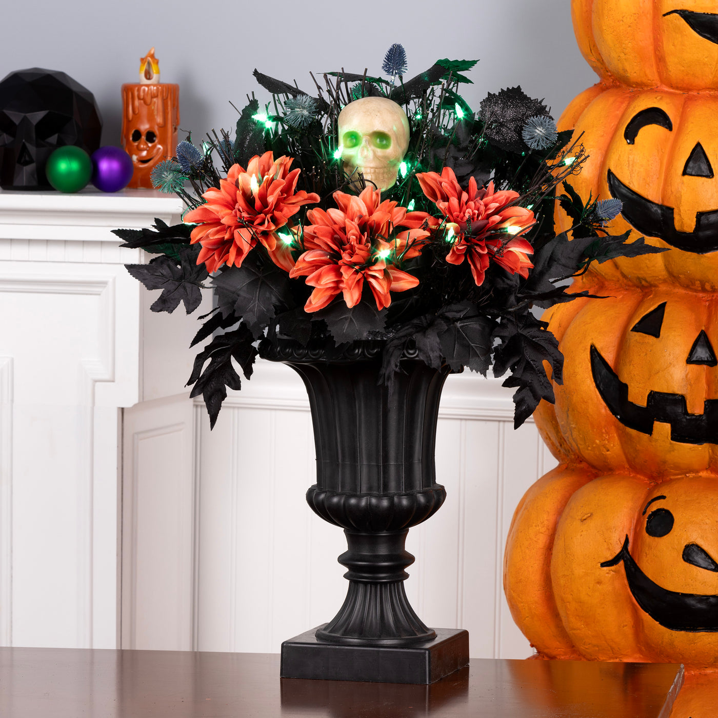 Halloween 20inch Artificial Boo-tiful Halloween Urn with Orange Florals and White Skull, 30 Green LED Lights, Battery Operated - National Tree Company