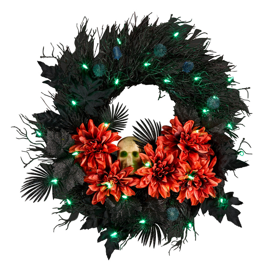 24 in. Halloween Boo-tiful Wreath with Orange Florals and White Skull, LED Lights - National Tree Company