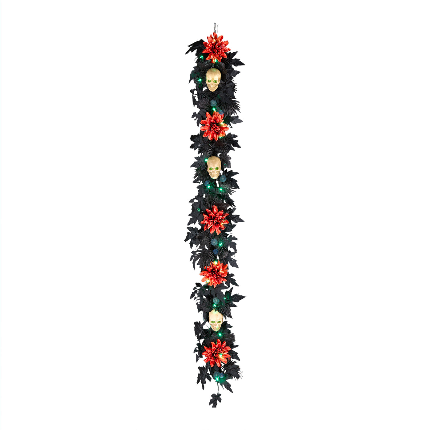 Halloween Artificial Boo-tiful Garland, Black, Orange Dahlia Flowers, White Skulls, 30 Green LED Lights, Battery Operated, Timer, 6 feet - National Tree Company