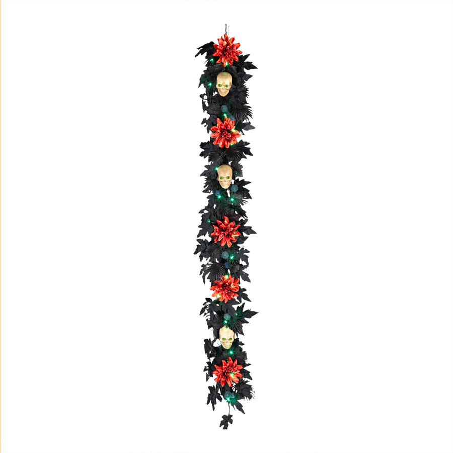 6 ft. Halloween Boo-tiful Garland with Orange Dahlia Flowers, White Skulls, LED Lights - National Tree Company