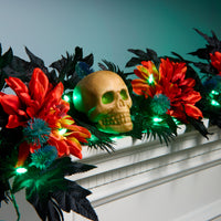 Halloween Artificial Boo-tiful Garland, Black, Orange Dahlia Flowers, White Skulls, 30 Green LED Lights, Battery Operated, Timer, 6 feet - National Tree Company