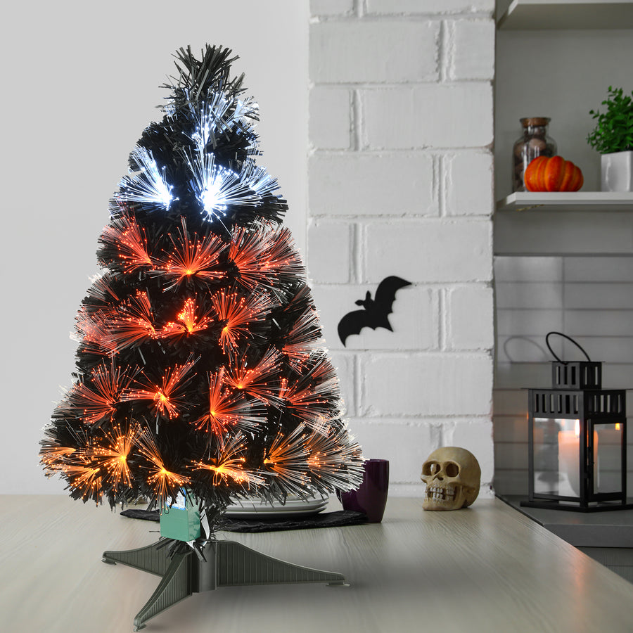 3 ft. Halloween Pre Lit Black Tree Decoration with Fiber Optic, Candy Corn Colored Lights
