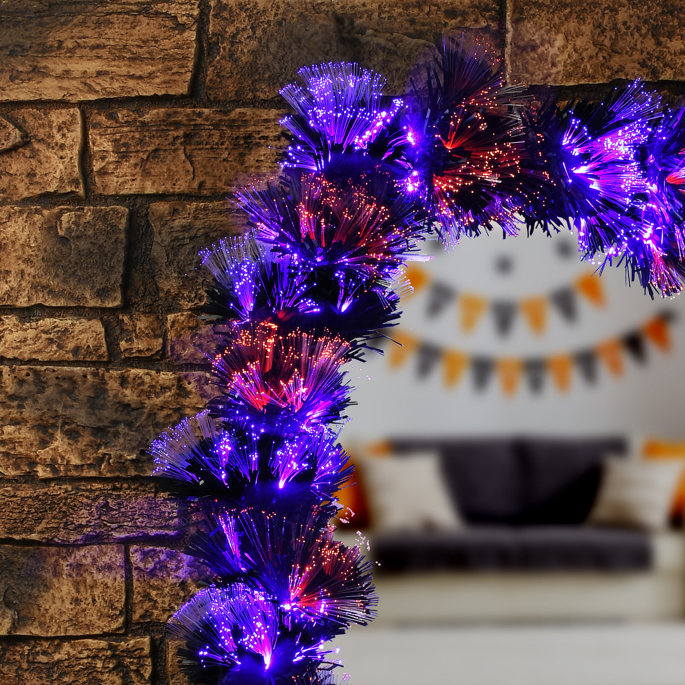 Halloween 9 ft. Black Fiber Optic Garland with Purple and Orange Lights - National Tree Company