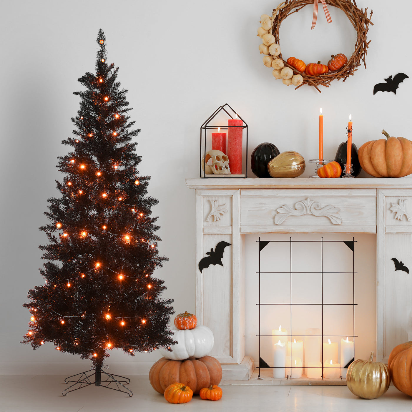 Halloween Artificial Tree, Black, Evergreen, String of Orange LED Lights, Includes Stand, 6 Feet - National Tree Company