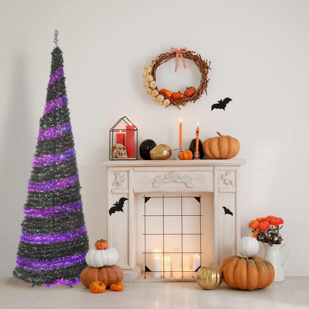 Halloween Pre-Lit Artificial Tree, Black, Evergreen, LED Lights, Includes Stand, 7.5 Feet