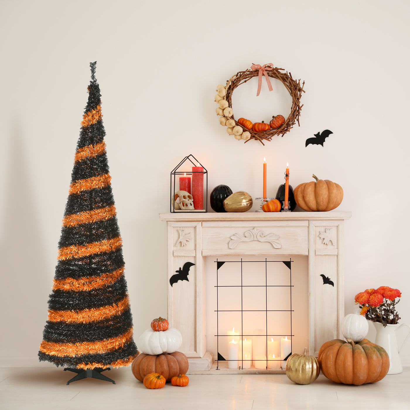 Halloween Artificial Tree, Black and Orange, Tinsel, Includes Stand, 7.5 Feet - National Tree Company