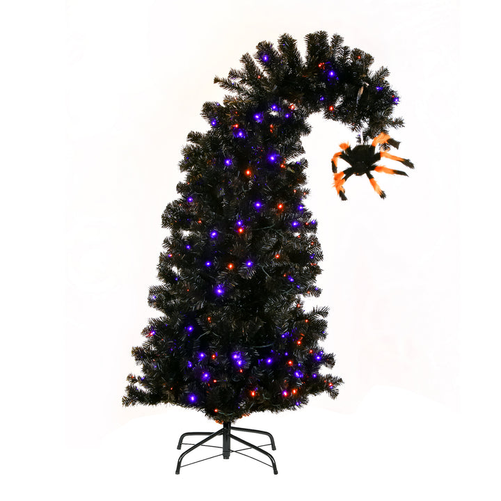 Halloween Pre Lit Artificial Tree Decoration, Black, Curved, LED Lights, Plug In, 6 Feet