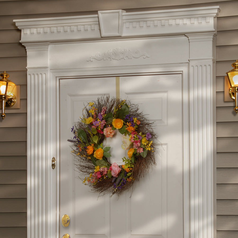 24 in. Spring Wildflower Wreath with Flower Blooms, Berry Clusters, Leaves