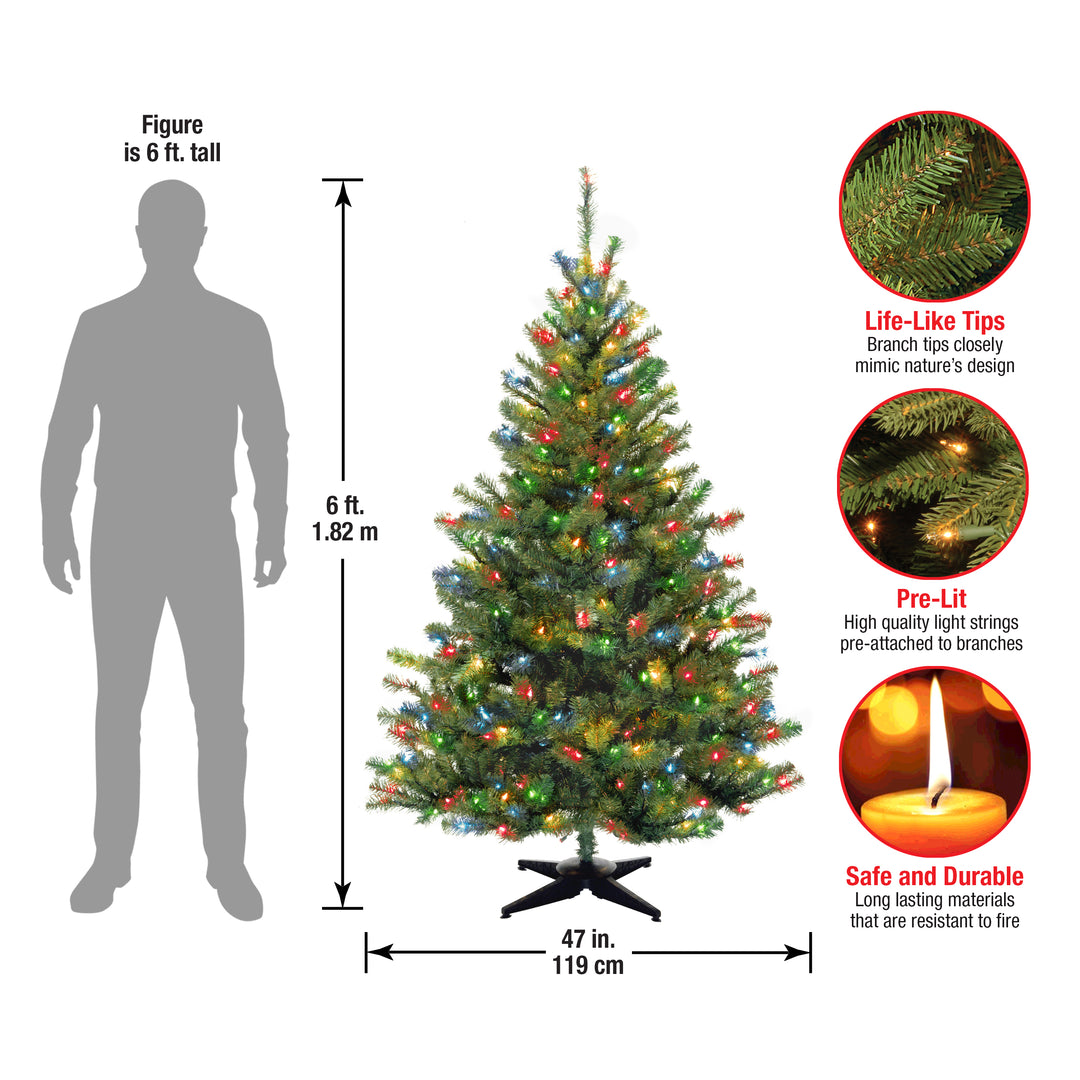 Pre-Lit Artificial Medium Christmas Tree, Green, Kincaid Spruce, Multicolor Lights, Includes Stand, 6 Feet