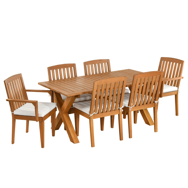 National Outdoor Living All Weather Wooden Table Set, Eucalyptus Grandis Wood, Includes Dining Table and Six Chairs, 72 Inches