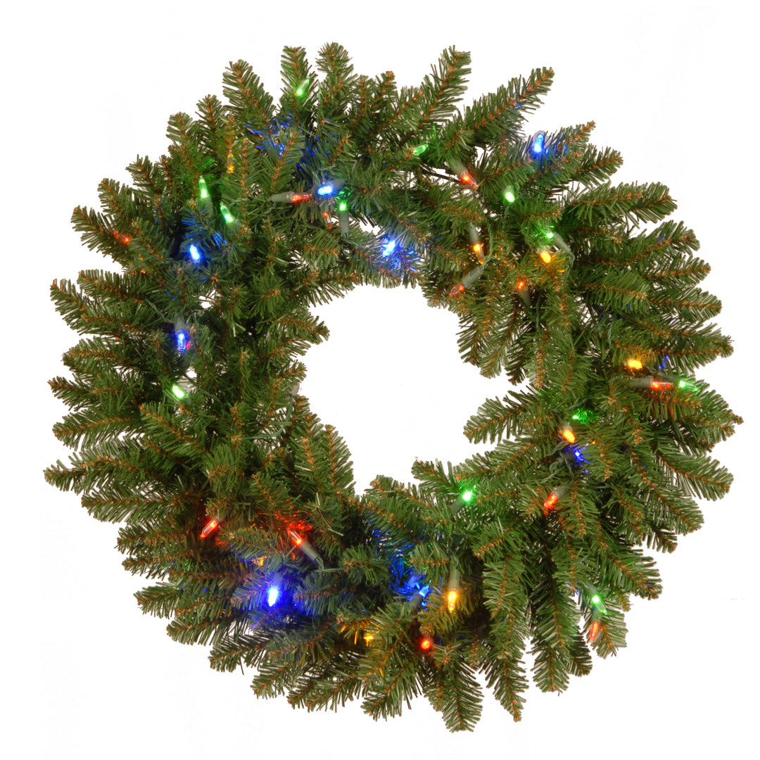 National Tree Company Pre-Lit Artificial Christmas Wreath, Green, Kingswood Fir, Dual Color LED Lights, Christmas Collection, 24 Inches