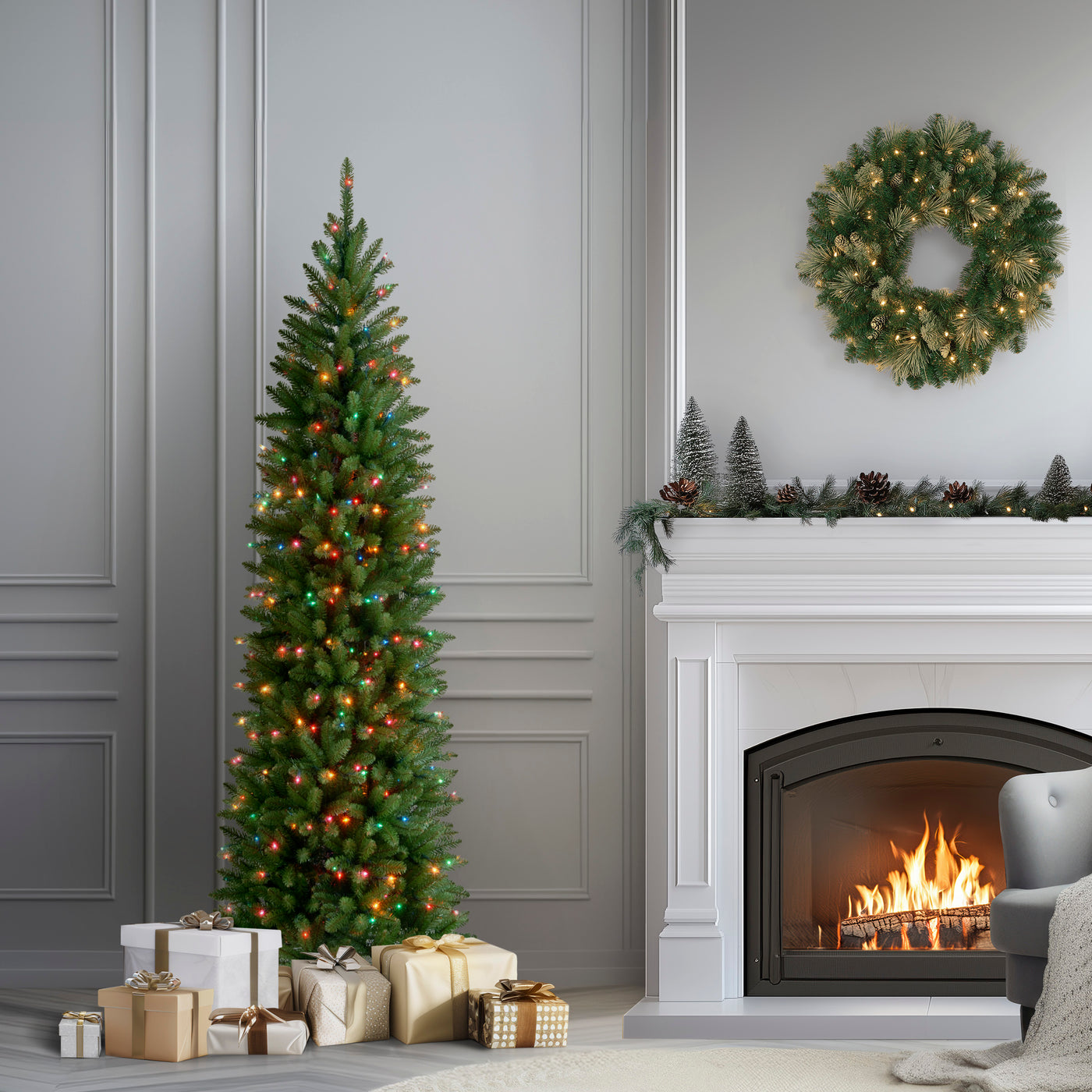 National Tree Company Artificial Pre-Lit Slim Christmas Tree Green Kingswood Fir Clear Lights Includes Stand 4.5 Feet