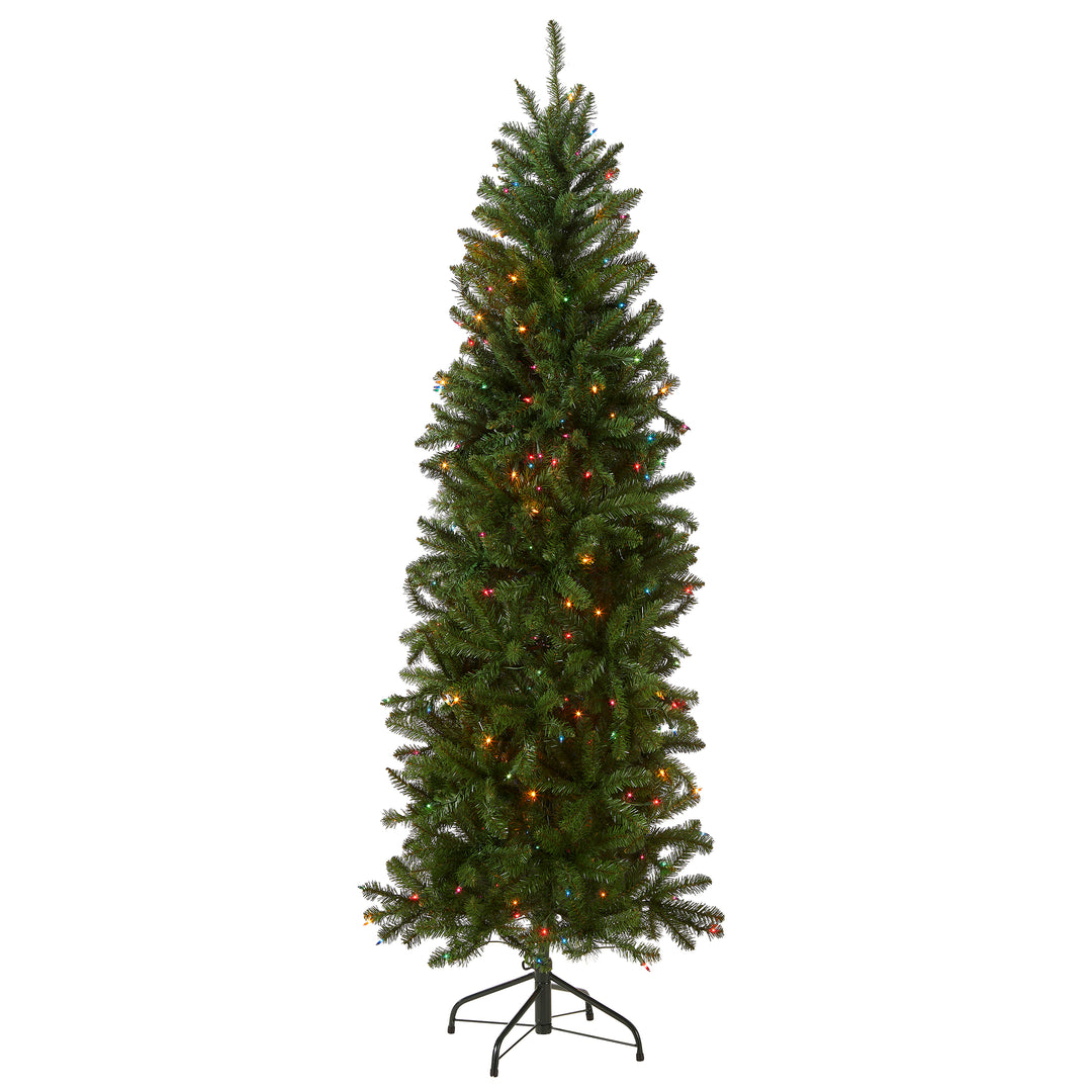 Artificial Pre-Lit Slim Christmas Tree, Green, Kingswood Fir, Multicolor Lights, Includes Stand, 6.5 Feet