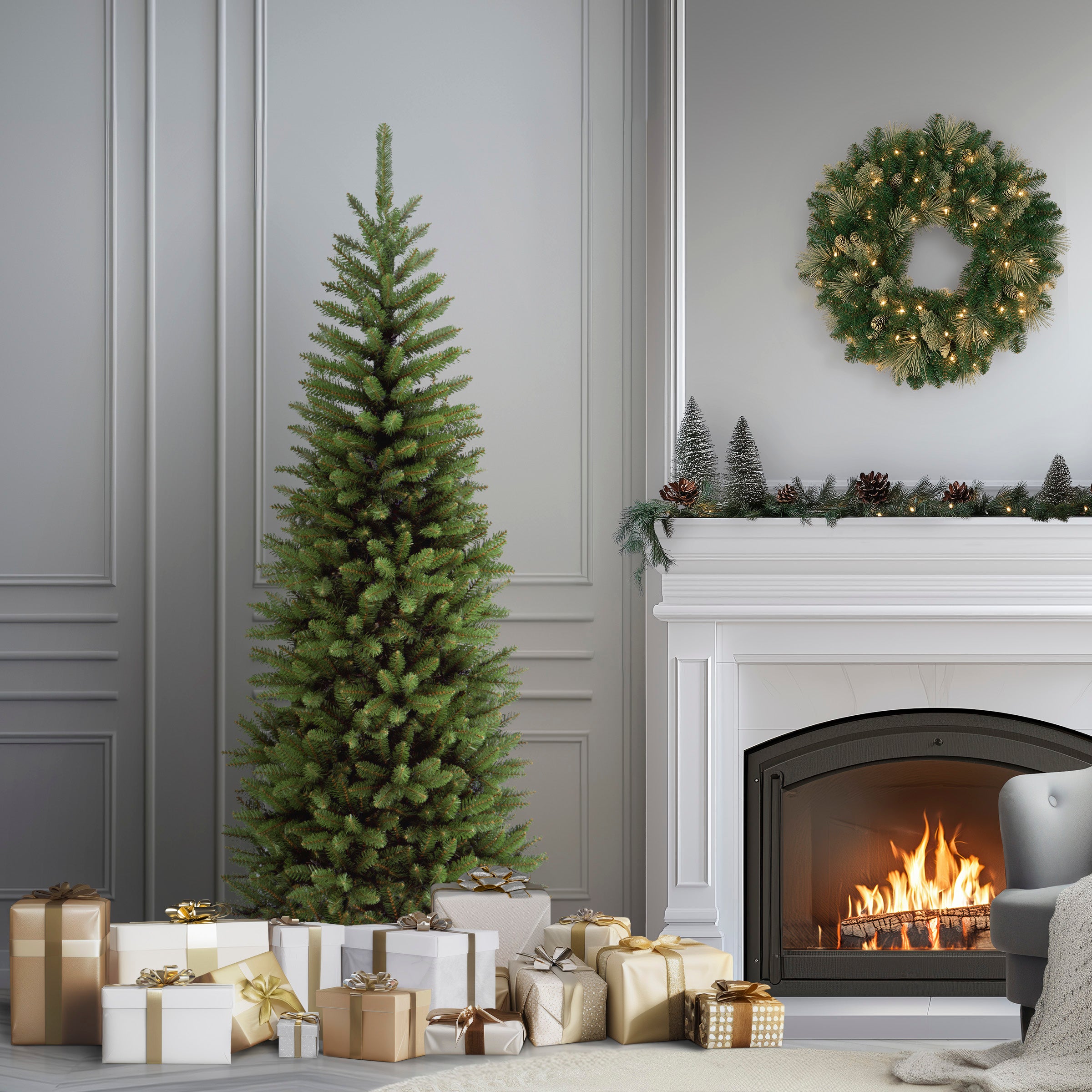 4.5 ft. Pre-Lit Kingswood Fir White Pencil Tree with Clear Lights