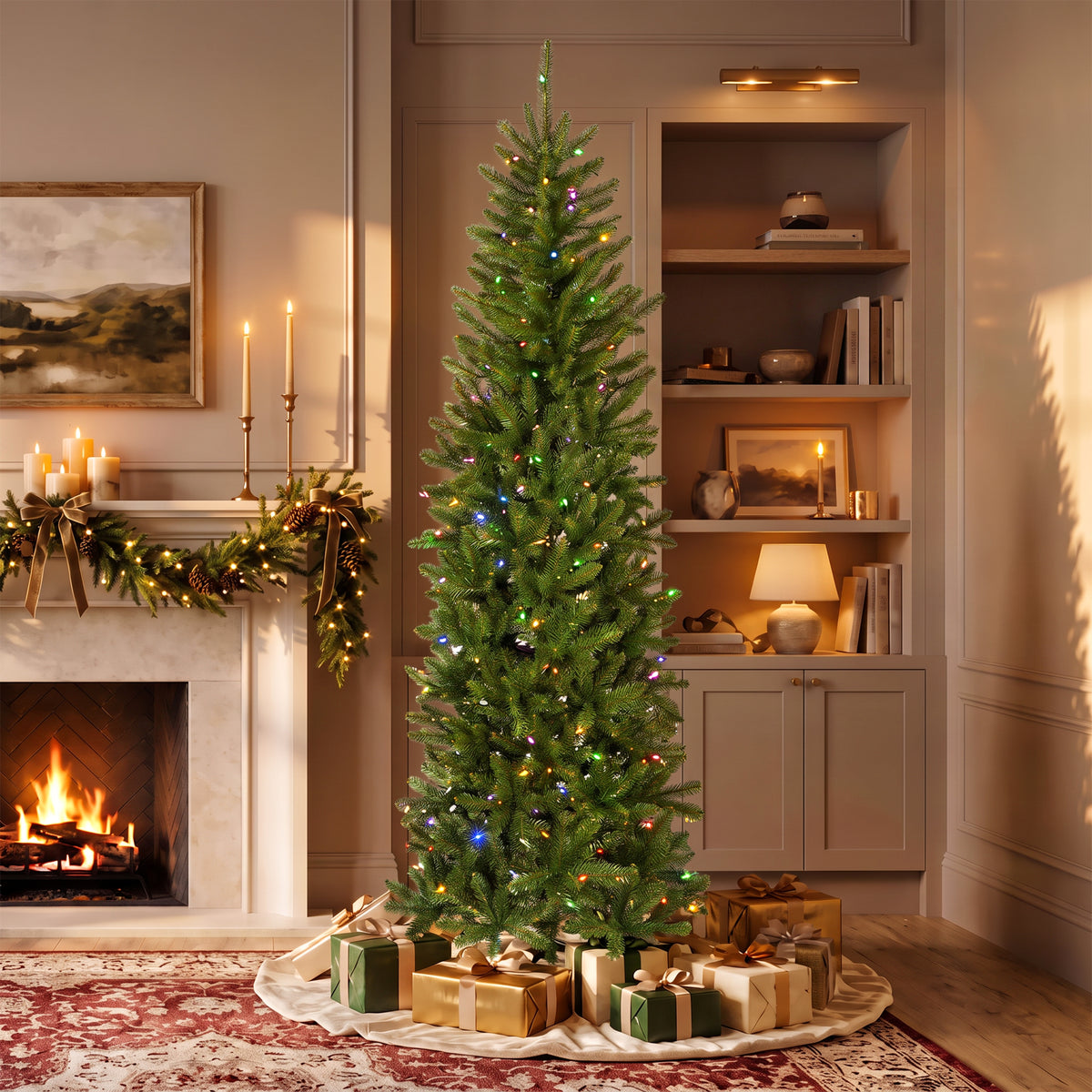7 ft. Pre-Lit Kingswood Fir Pencil Slim Hinged Tree with Power Connect Dual Color LED Lights - National Tree Company