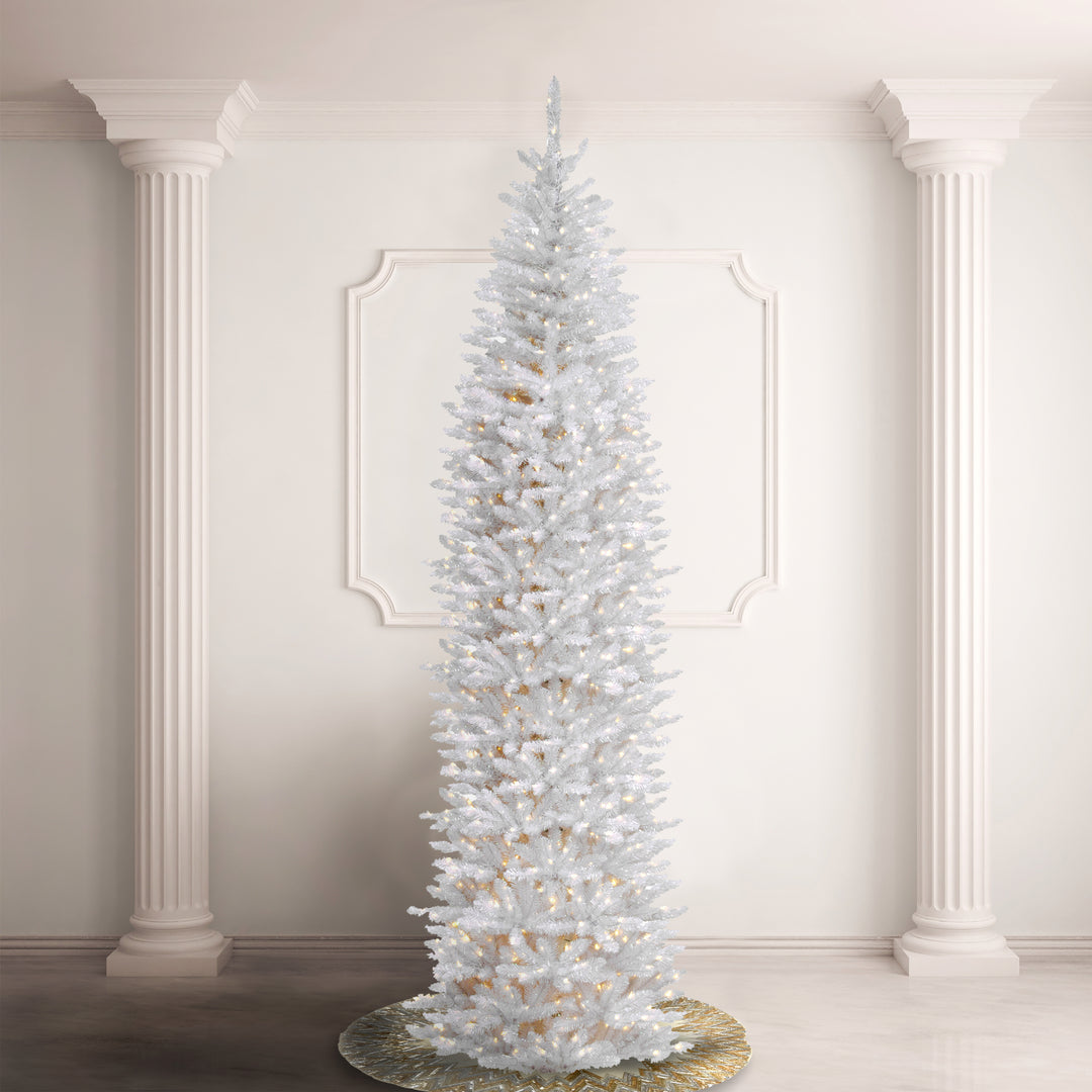 Artificial Pre-Lit Slim Christmas Tree, White, Kingswood Fir, White Lights, Includes Stand, 12 Feet