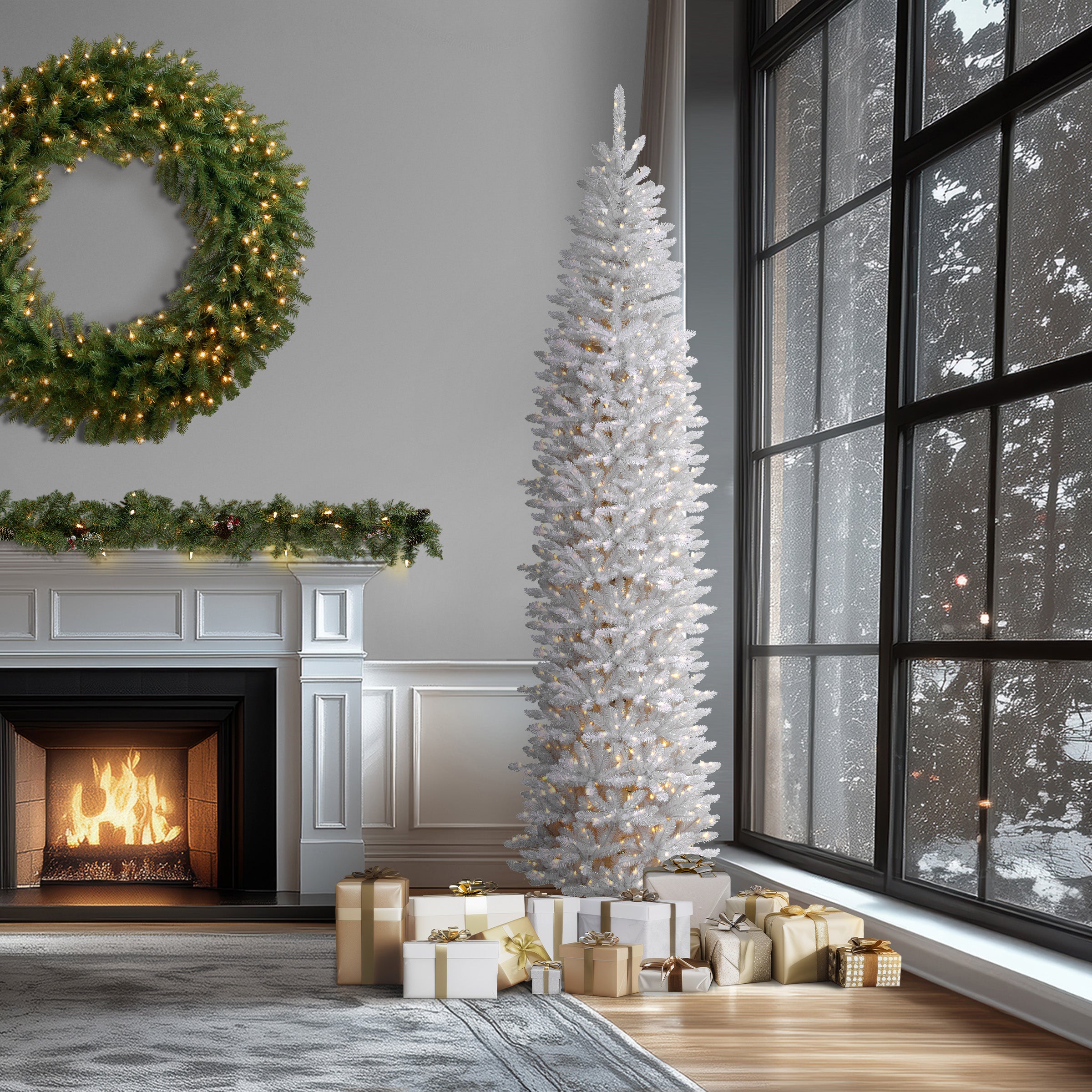 12 ft.Pre-Lit Kingswood Fir White Pencil Slim Tree with Clear