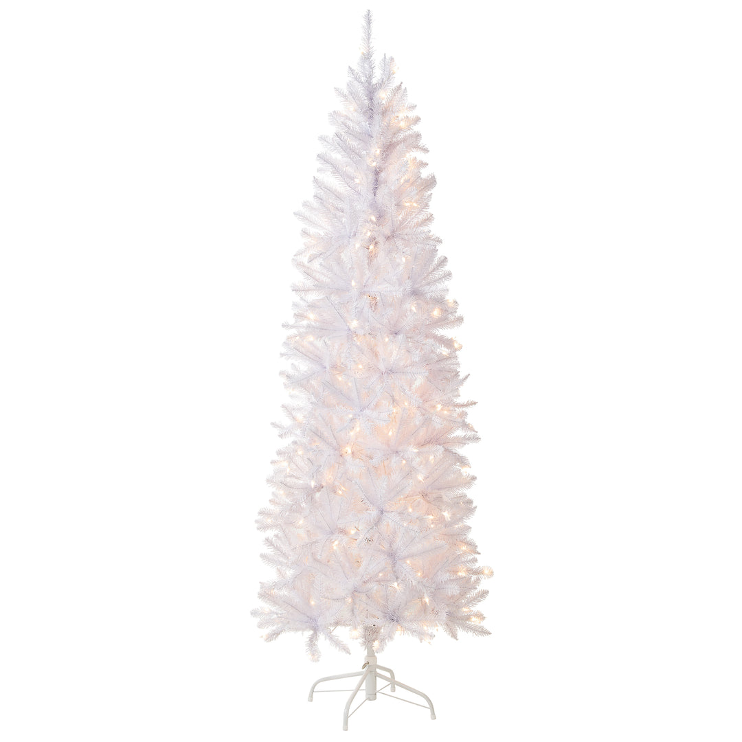Artificial Pre-Lit Slim Christmas Tree, White, Kingswood Fir, White Lights, Includes Stand, 7 Feet
