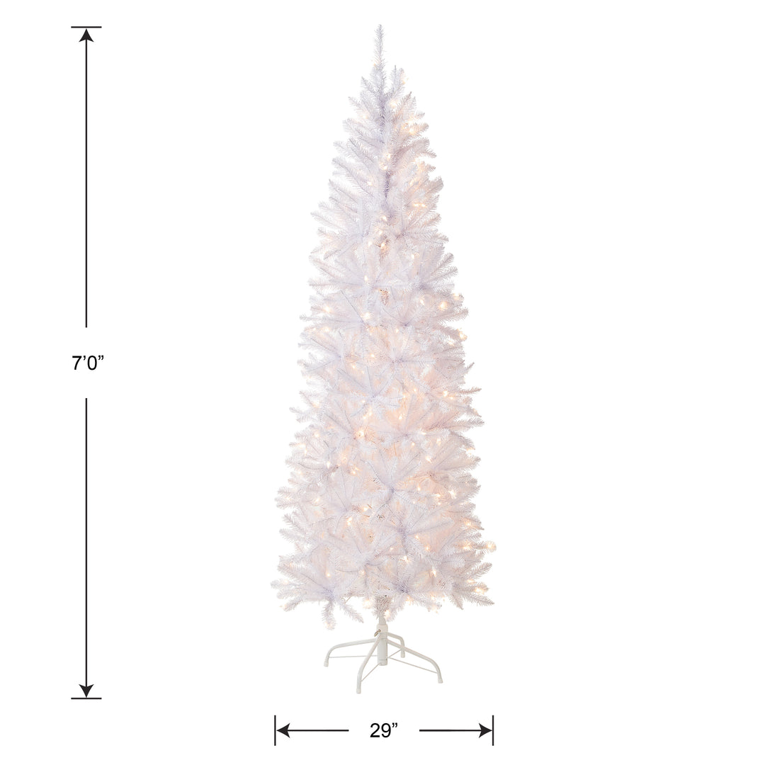 Artificial Pre-Lit Slim Christmas Tree, White, Kingswood Fir, White Lights, Includes Stand, 7 Feet