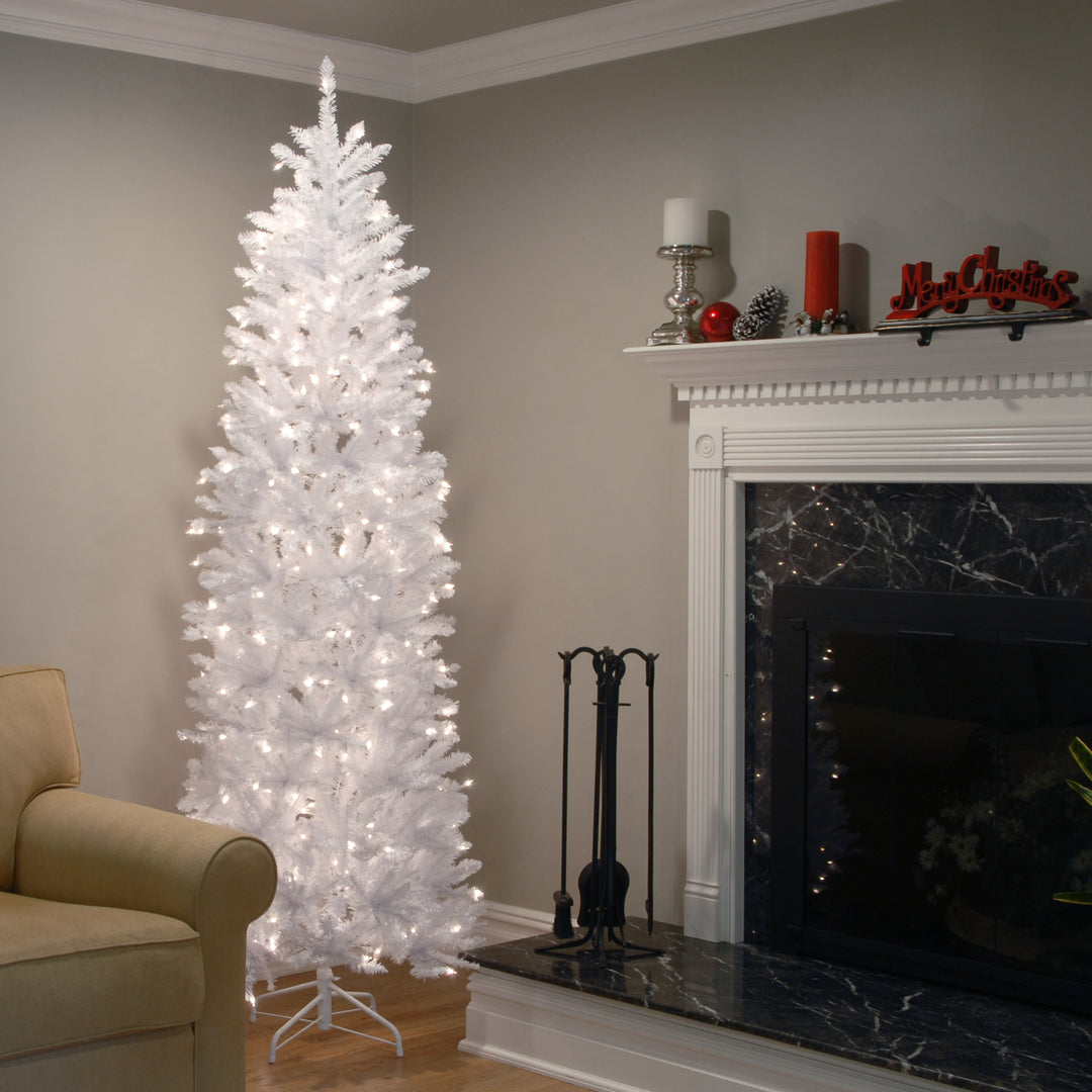 Artificial Pre-Lit Slim Christmas Tree, White, Kingswood Fir, White Lights, Includes Stand, 7.5 Feet