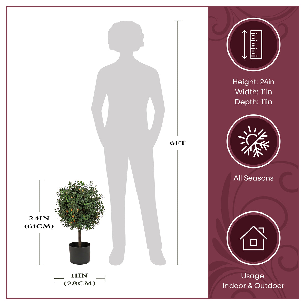 24 in. Pre-Lit Boxwood Single Ball Topiary in Black Nursery Pot with Clear Lights - National Tree Company