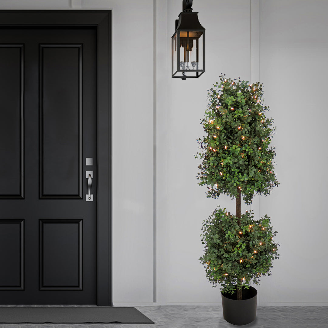 4 ft. Pre-Lit Boxwood Cone and Ball Topiary in Black Nursery Pot