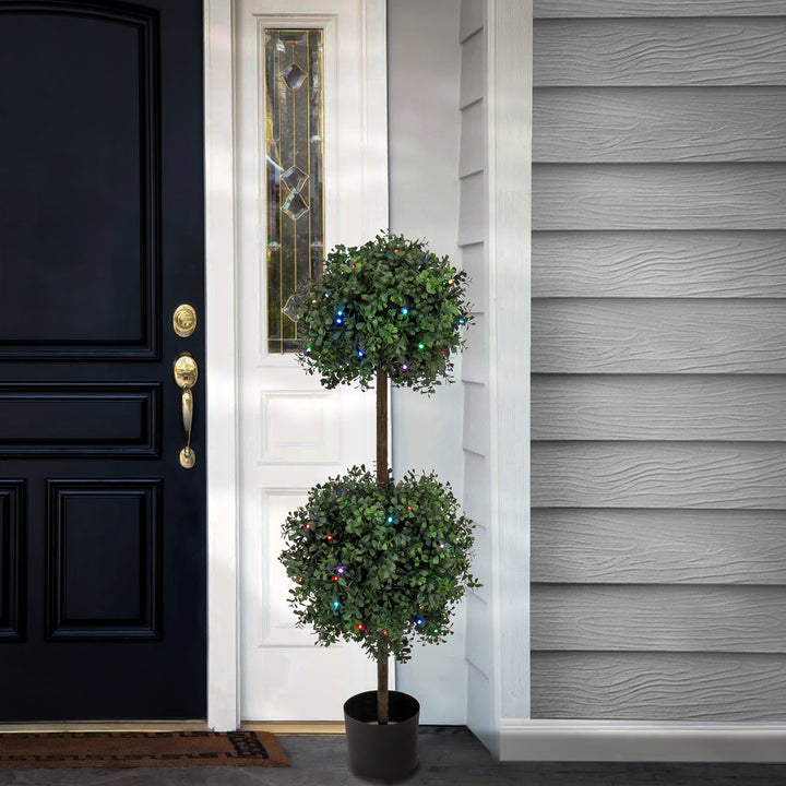 46" Boxwood Double Ball Topiary with Multi-Function LED Lights