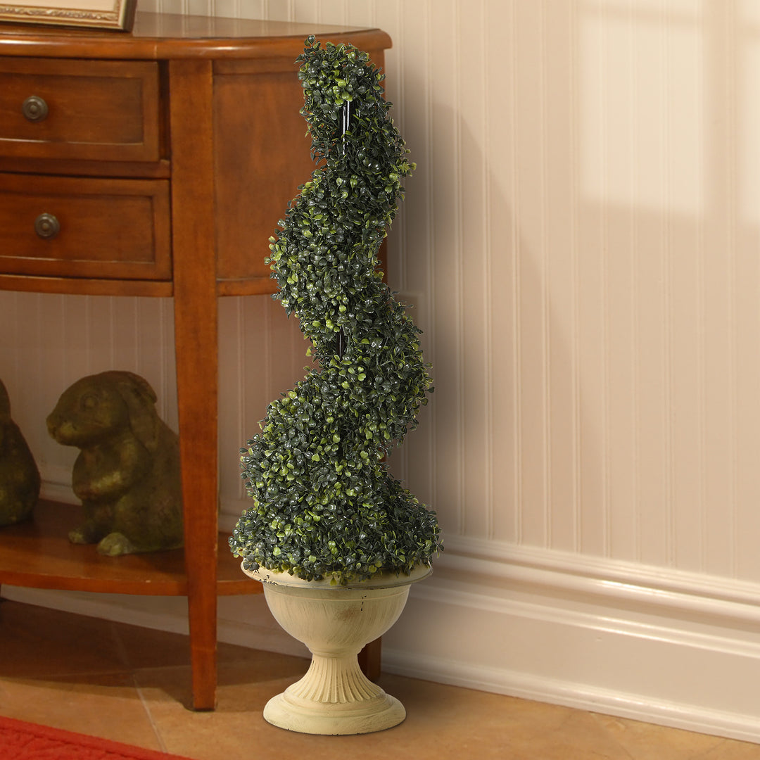 Artificial Spiral Shrub, Boxwood, Green, Includes Distressed Yellow Urn Base, Outdoor Collection, 39 Inches