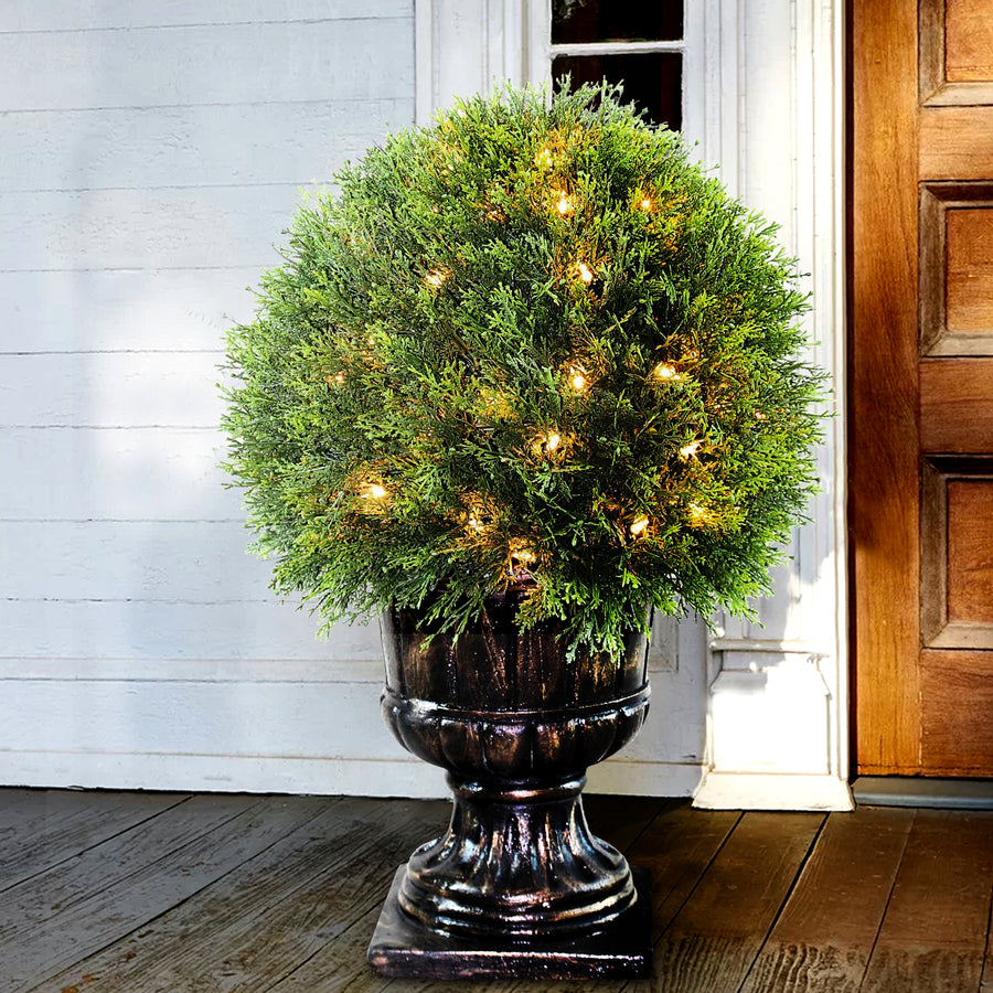 27 in. Pre-Lit Upright Juniper Ball Topiary Tree in a Decorative Urn with Clear Lights