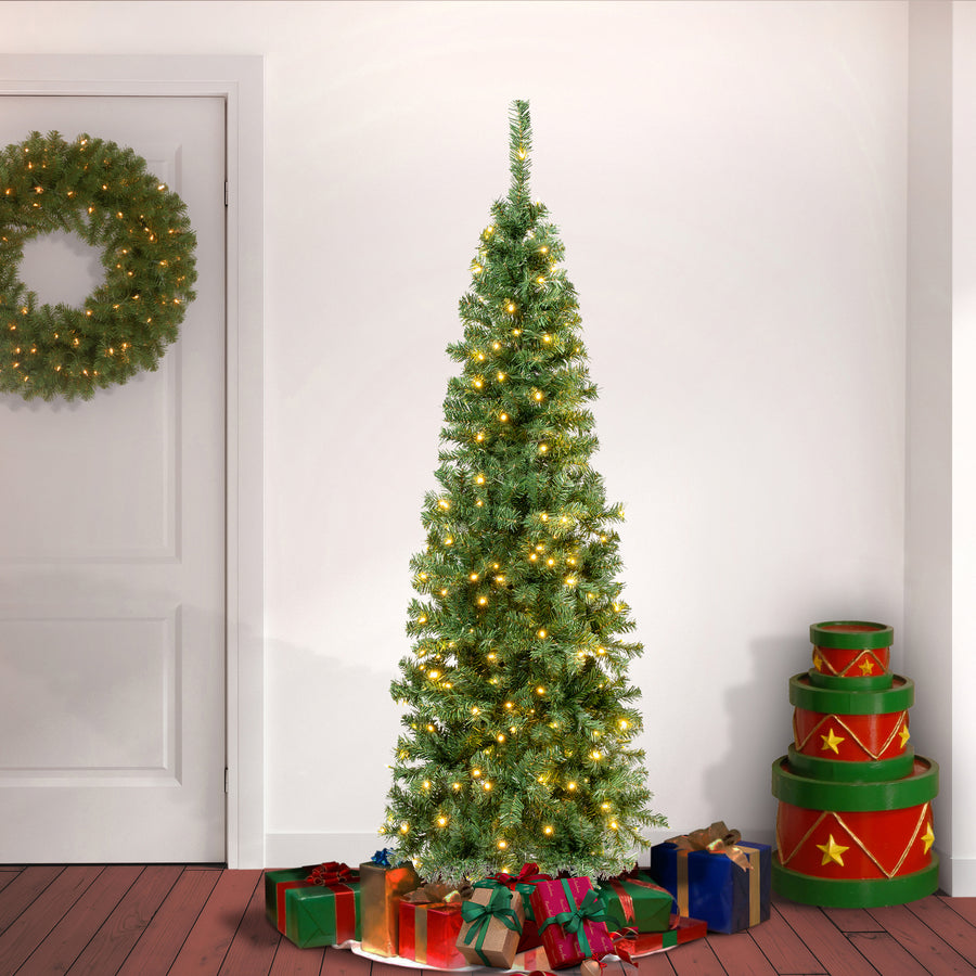 6 ft. Pre-Lit Linden Spruce Slim Tree with Warm White LED Lights