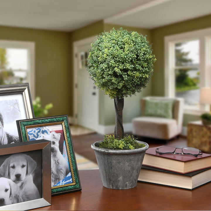 Artificial Single Ball Topiary, Green, Includes Distressed Pot Base, Spring Collection, 18 Inches