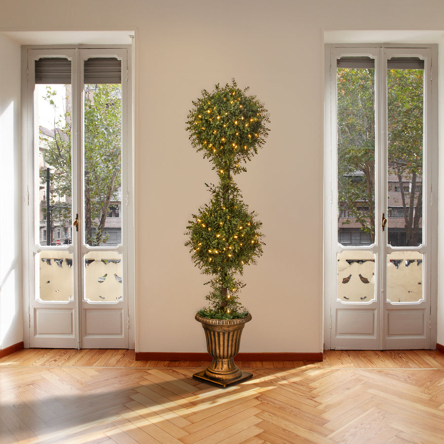 60 in. Pre-Lit Mini Tea Leaf 2 Ball Topiary in a Gold Urn with Clear Lights