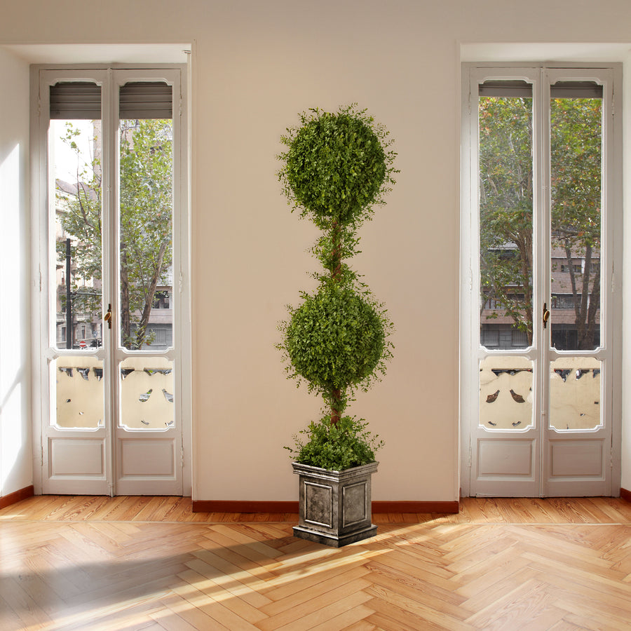 60 in. Mini Tea Leaf 2 Ball Topiary in a Silver Square Pot