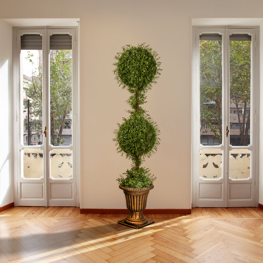 60 in. Mini Tea Leaf 2 Ball Topiary with Black in a Gold Urn