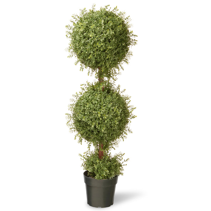 Artificial Two Ball Topiary, Green Mini Tea Leaves, Includes Black Pot Base, Spring Collection, 48 Inches