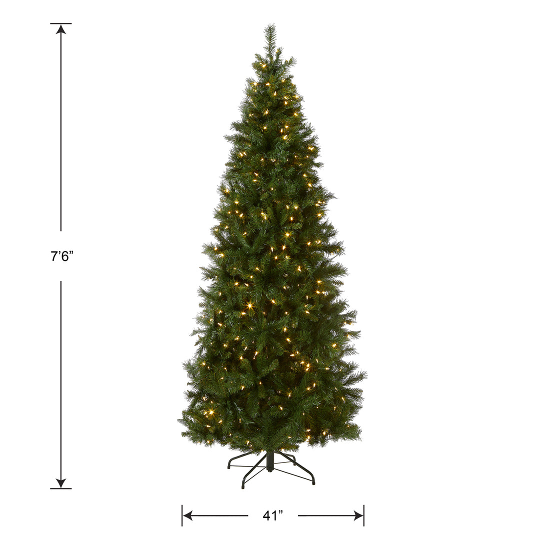 Pre-Lit Artificial Slim Christmas Tree, Lehigh Valley Pine, Green, White Lights, Includes Stand, 7.5 Feet
