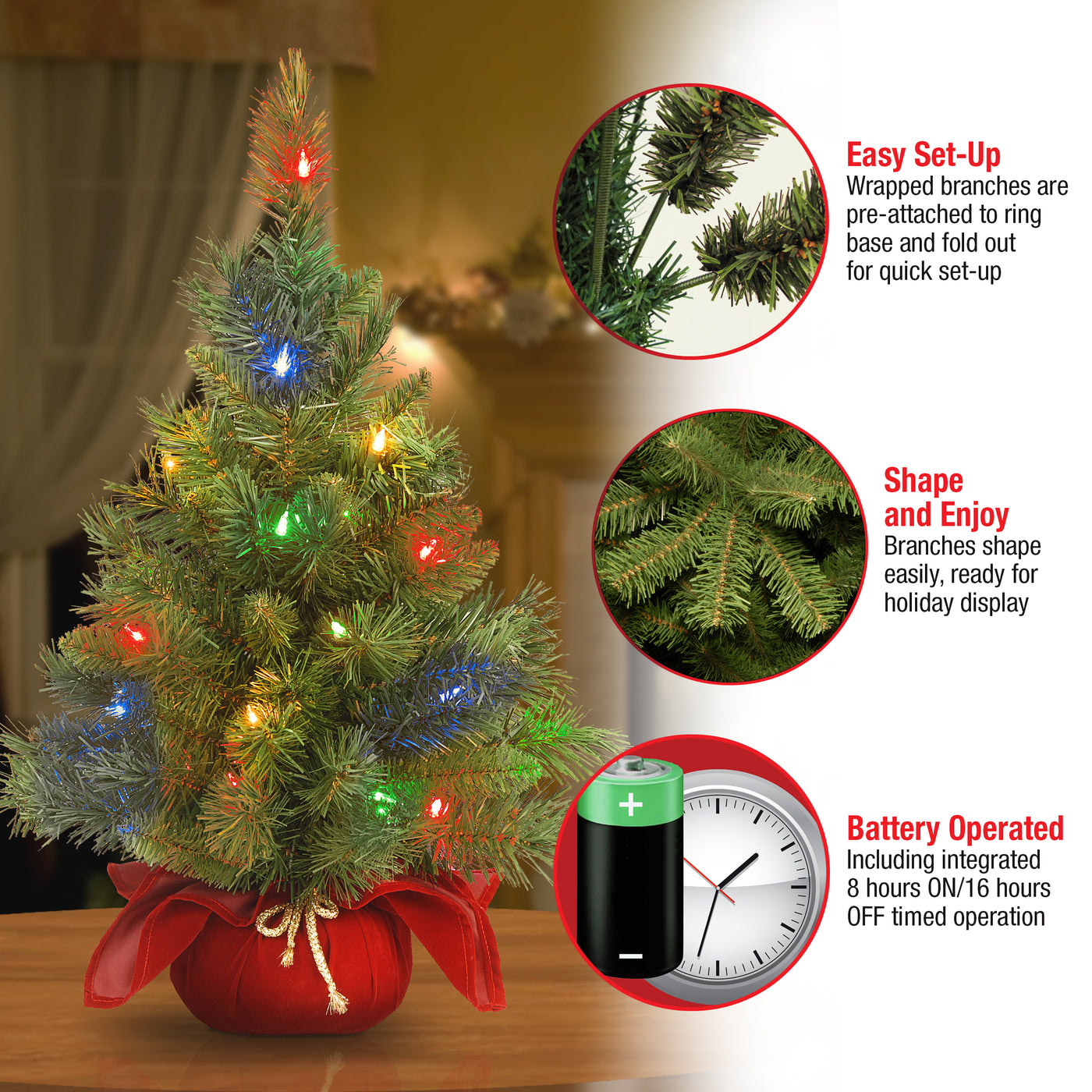 2 ft. Pre-Lit Majestic Fir Tree with Multicolor LED Lights, Red Base - National Tree Company