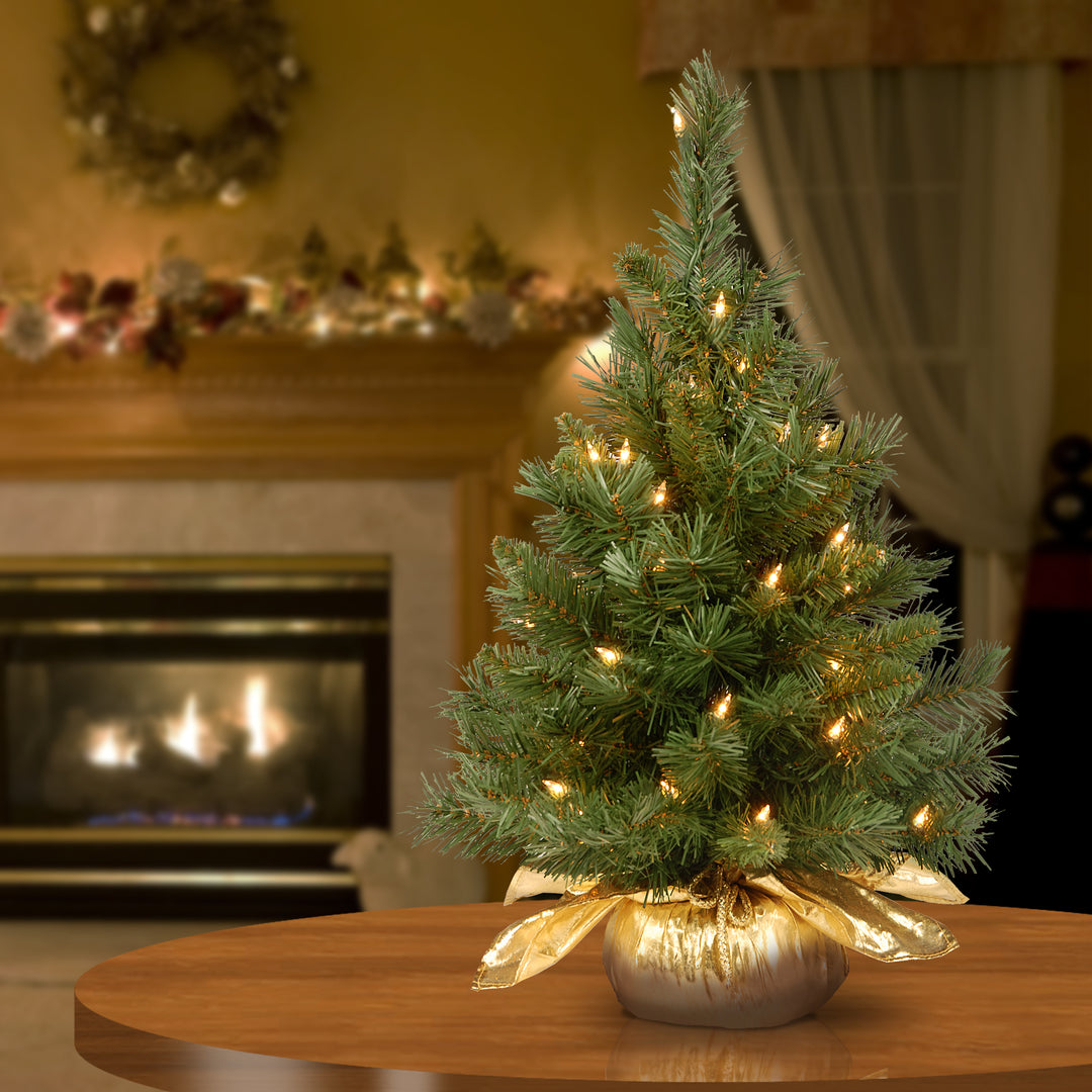 Pre-Lit Artificial Christmas Tree, Majestic Fir, Green, White Lights, Includes Gold Cloth Base, 2 Feet