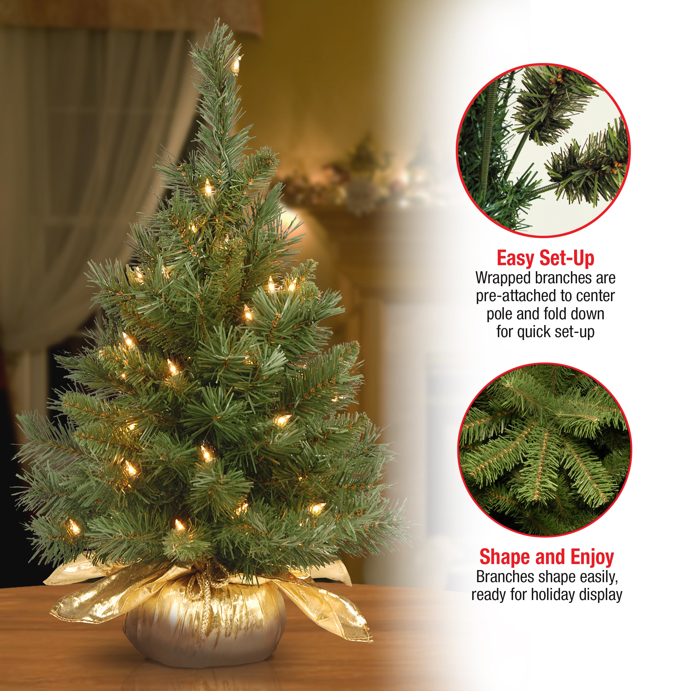 2 ft. Pre-Lit Majestic Fir Tree with Clear Lights, Gold Base, Plug
