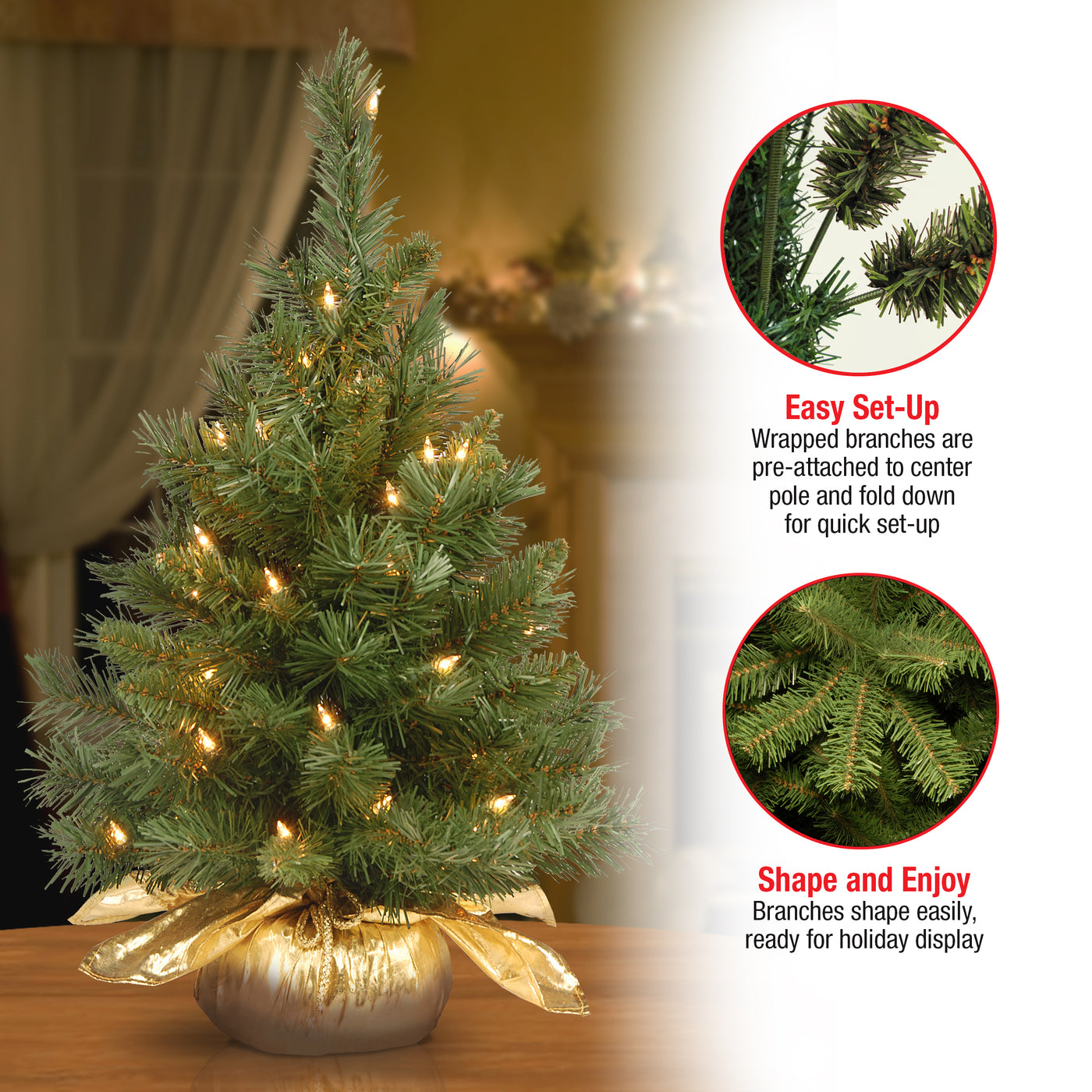 2 ft. Pre-Lit Majestic Fir Tree with Clear Lights, Gold Base, Plug-In - National Tree Company