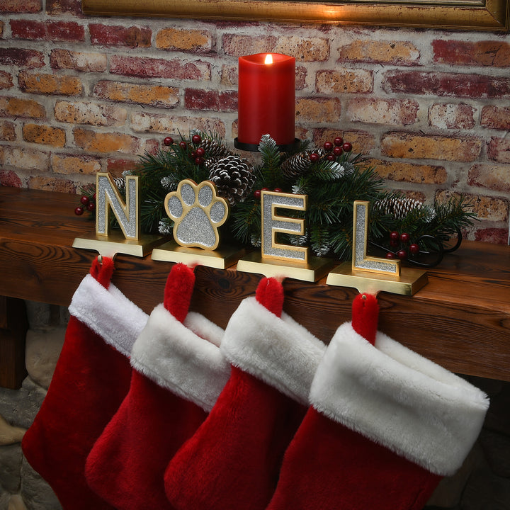 National Tree Company Silver Sparkle NOEL Christmas Stocking Holders, Silver and Gold with Paw Print, 4 Pieces, 5 in