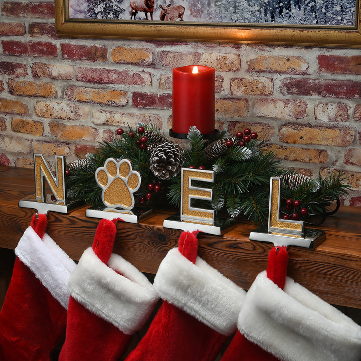 National Tree Company Gold Sparkle NOEL Christmas Stocking Holders, Gold and Silver with Paw Print, 4 Pieces, 5 in