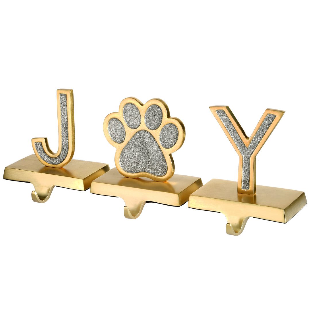 National Tree Company Silver Sparkle JOY Christmas Stocking Holders, Silver and Gold with Paw Print, 3 Pieces, 5 in